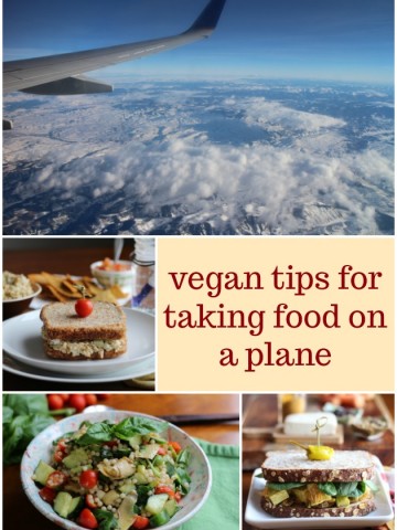Text overlay: Vegan tips for taking food on a plane. Collage with lunch options & sky.