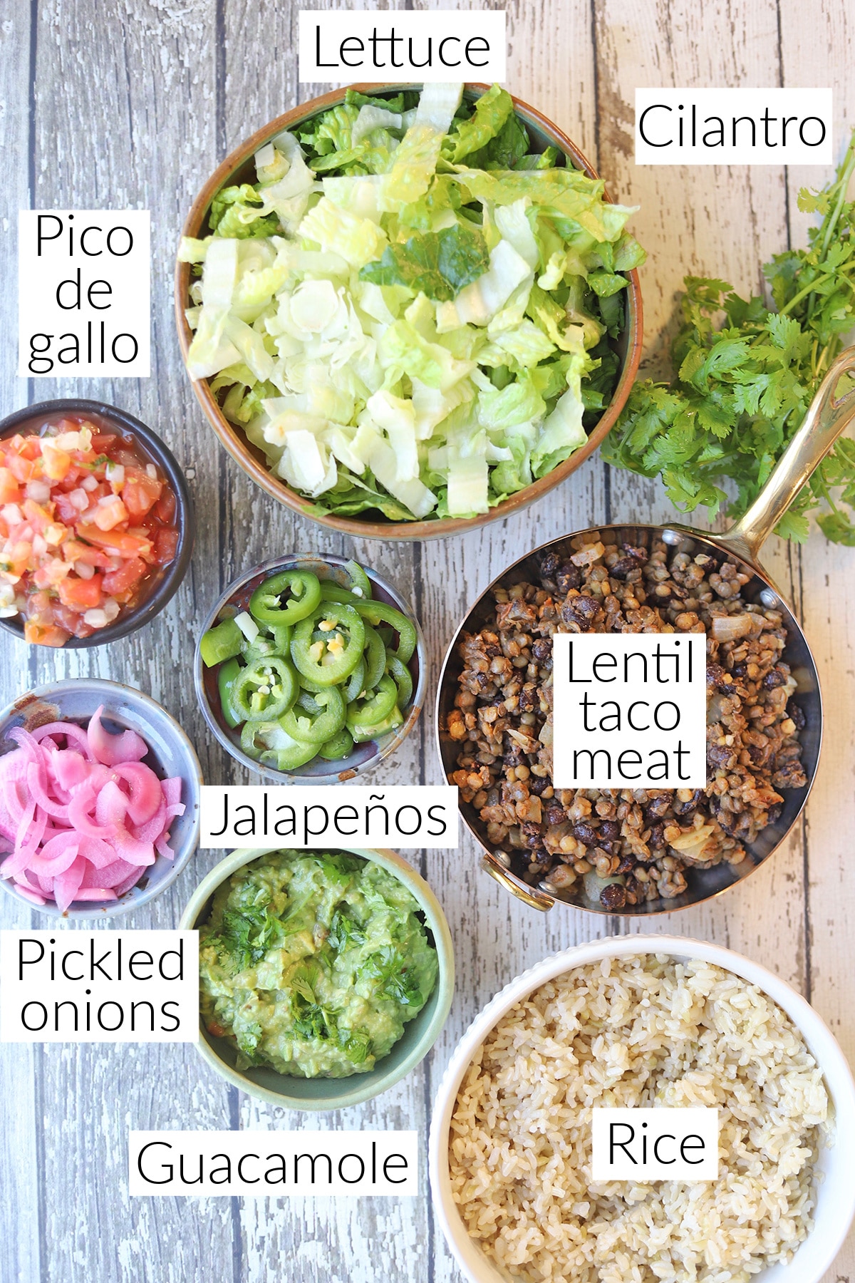 Labeled ingredients for vegan burrito bowl.