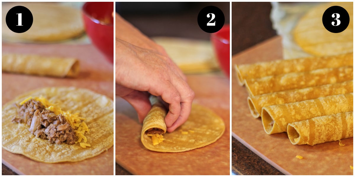 Step by step photos of rolling jackfruit taquitos.