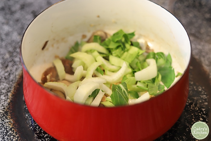 Bok choy, mushrooms, garlic, and onions in soup pot.