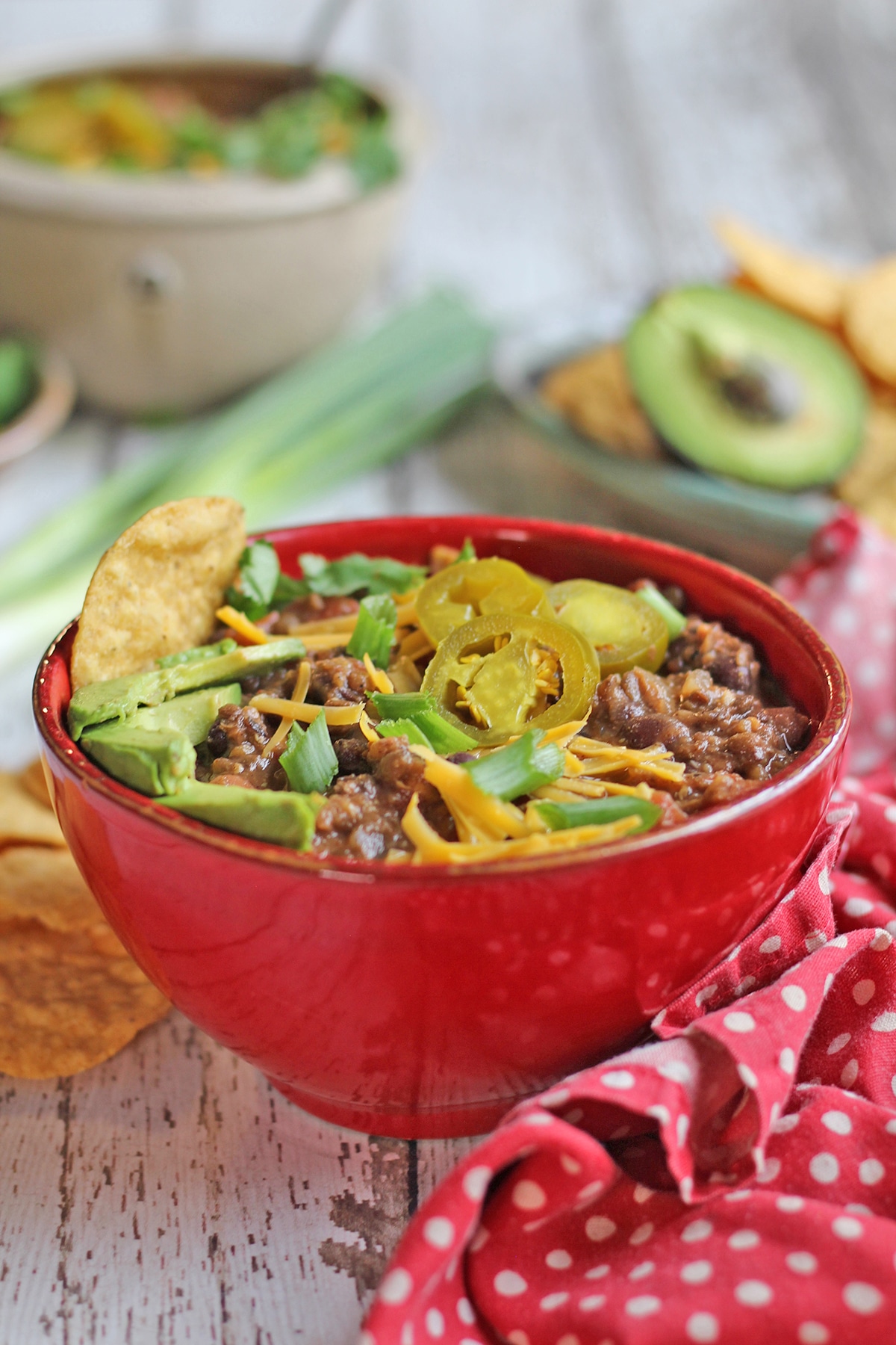 Lentil and black bean chili with jalapenos and avocado.