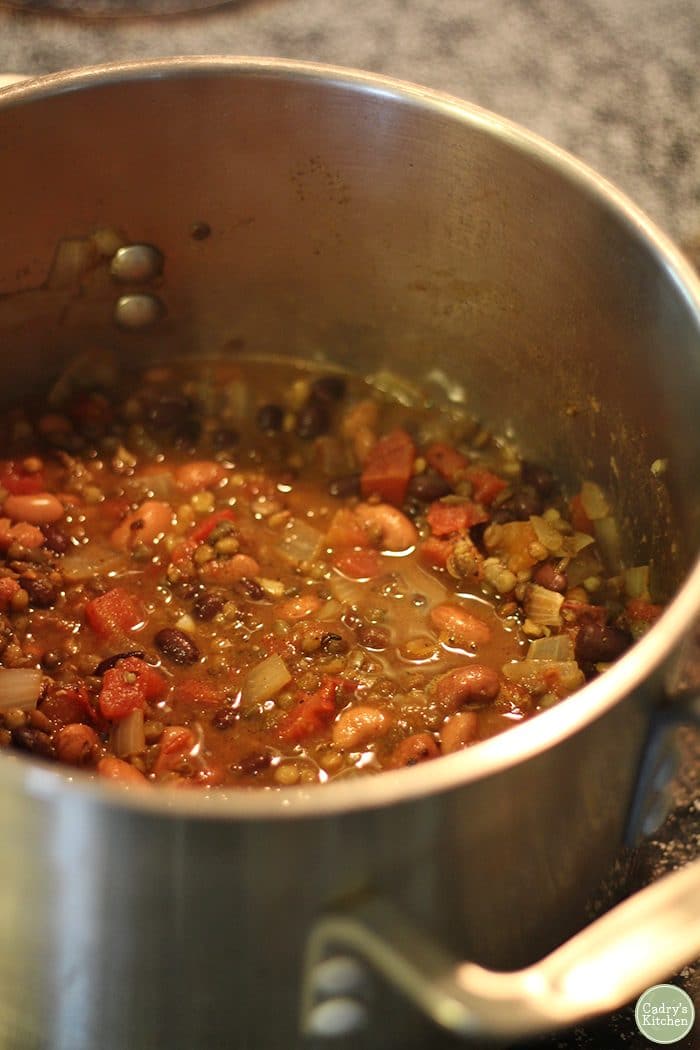 Lentil chili in soup pot with black and pinto beans.