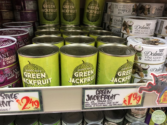 Canned green jackfruit on Trader Joe's shelf.