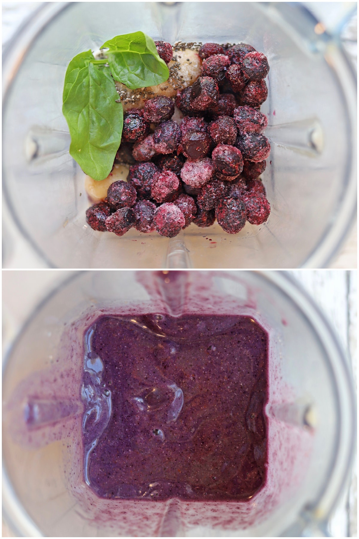 Collage with blueberry smoothie ingredients in blender - before and after blending.