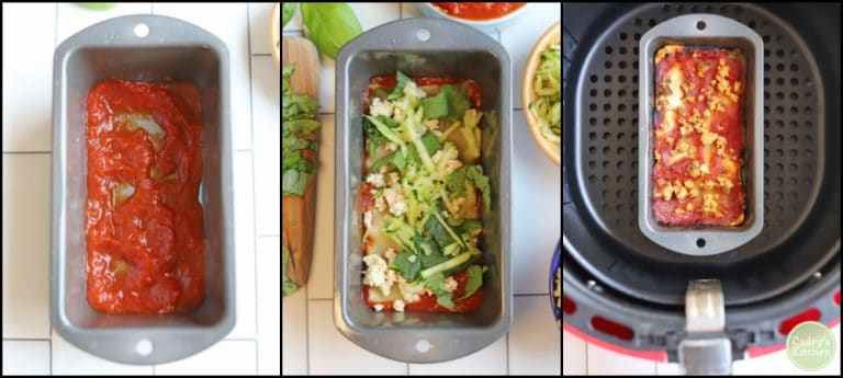 Collage of how to make vegan lasagna in mini loaf pan.