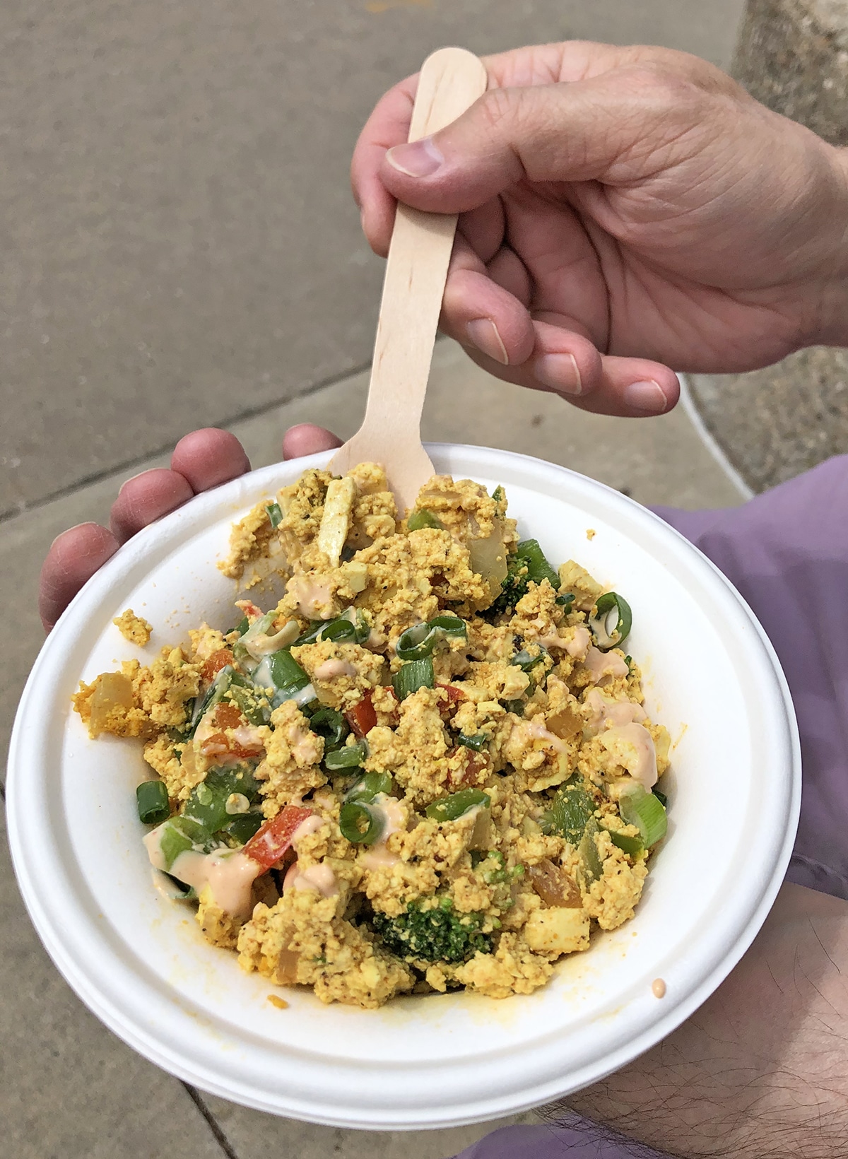 Hand holding spoon in a bowl of tofu scramble.