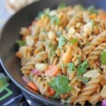 Text overlay: Cold peanut noodles. Bowl of whole wheat fusilli pasta with vegetables in a creamy peanut sauce.