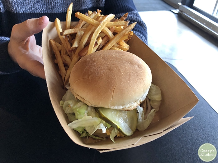 Dirt Burger in box with fries.
