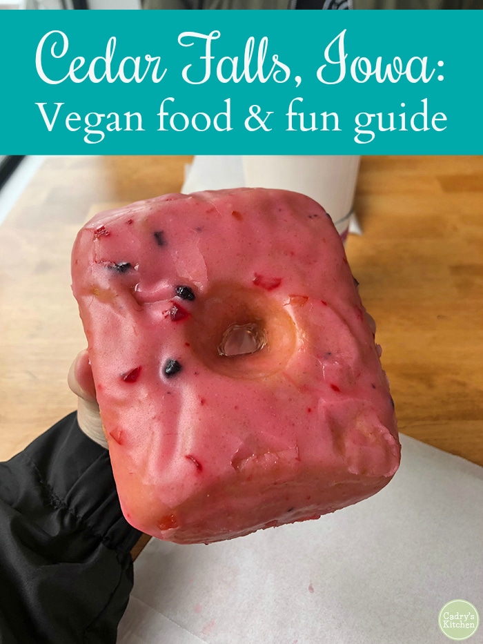 Text: Cedar Falls, Iowa. Vegan food & fun guide. Hand holding pink donut.