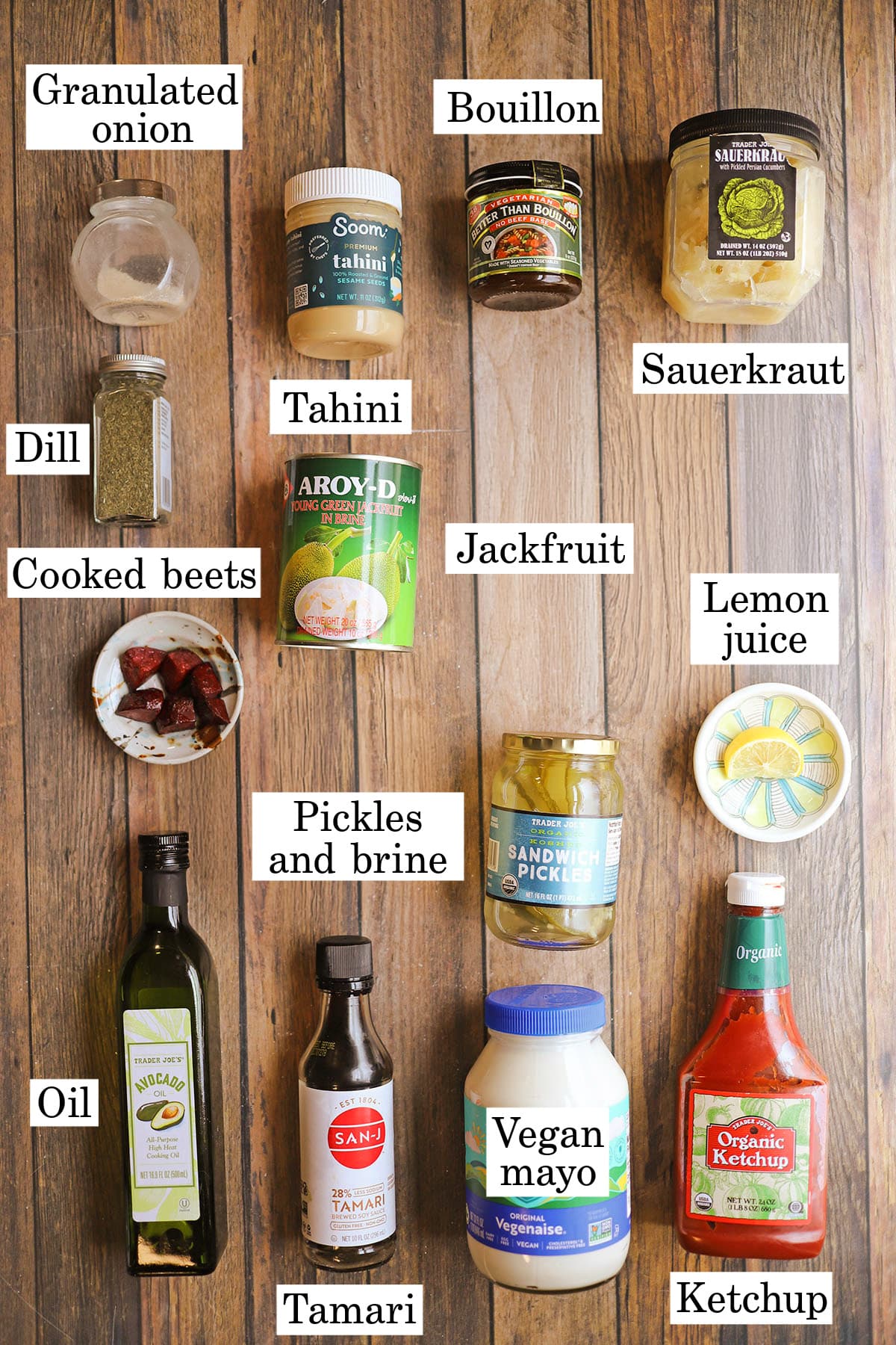 Labeled ingredients for corned jackfruit for vegan reuben bowl.