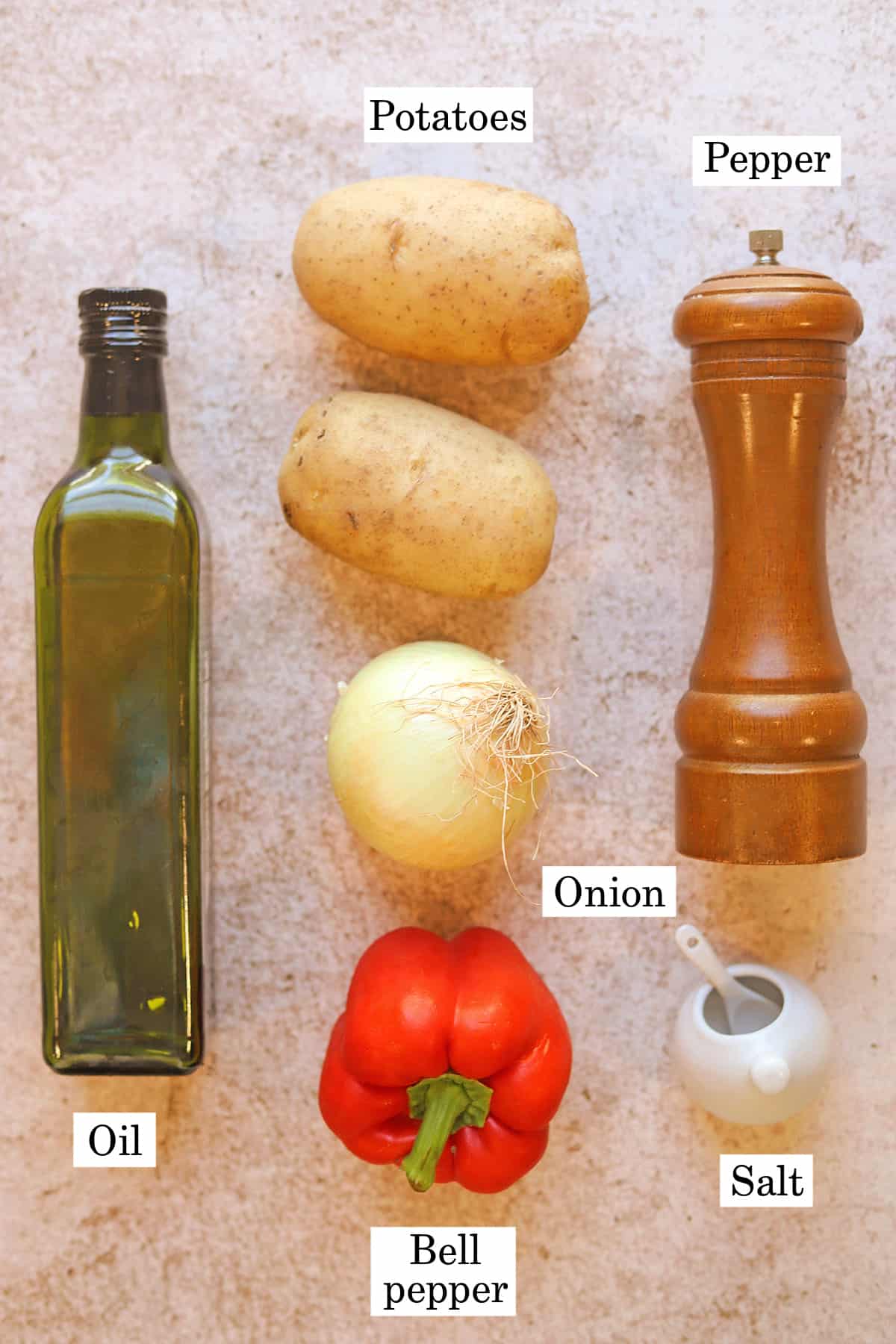 Labeled ingredients for roasted potato hash.