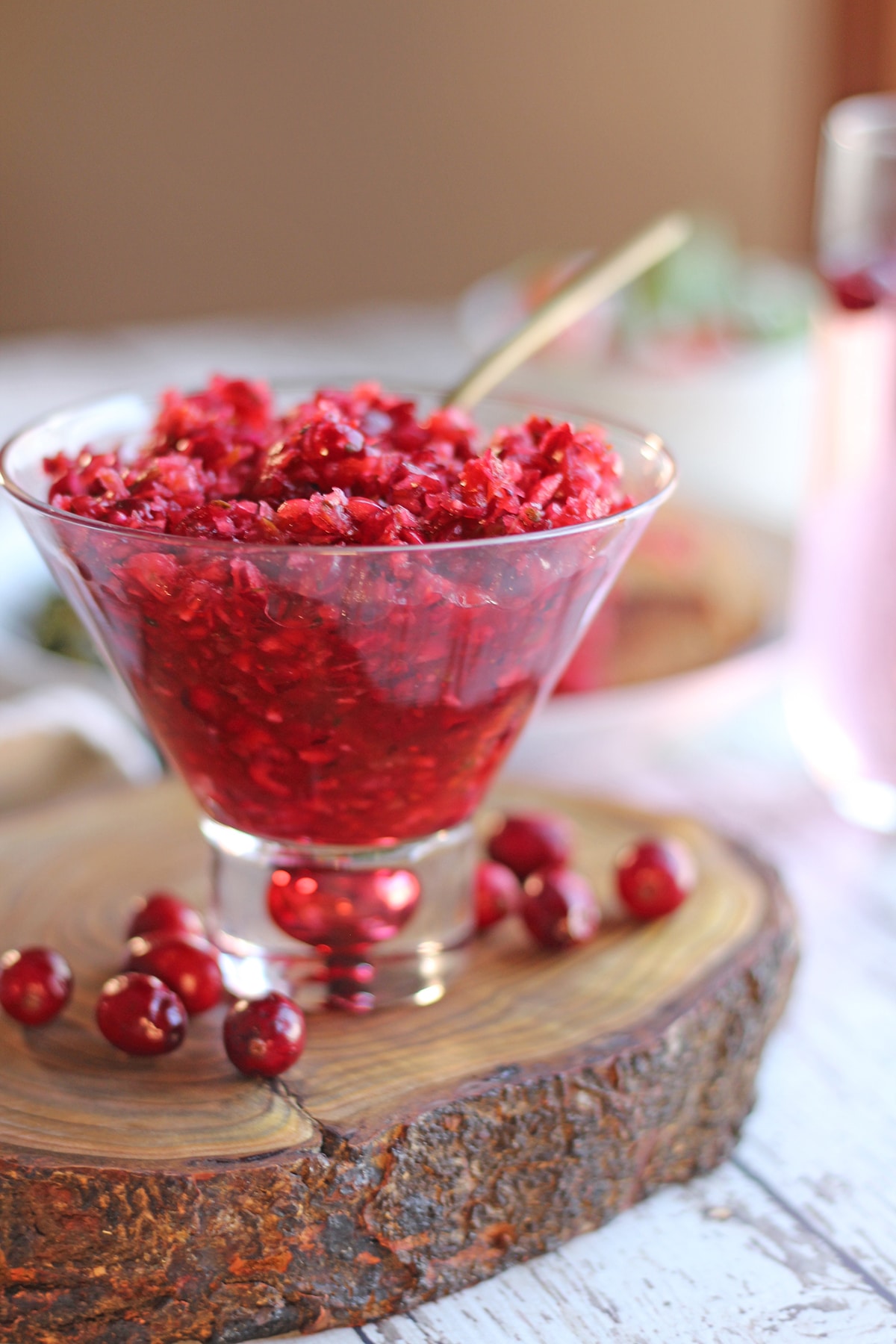 Cranberry salsa in cocktail glass by whole cranberries.