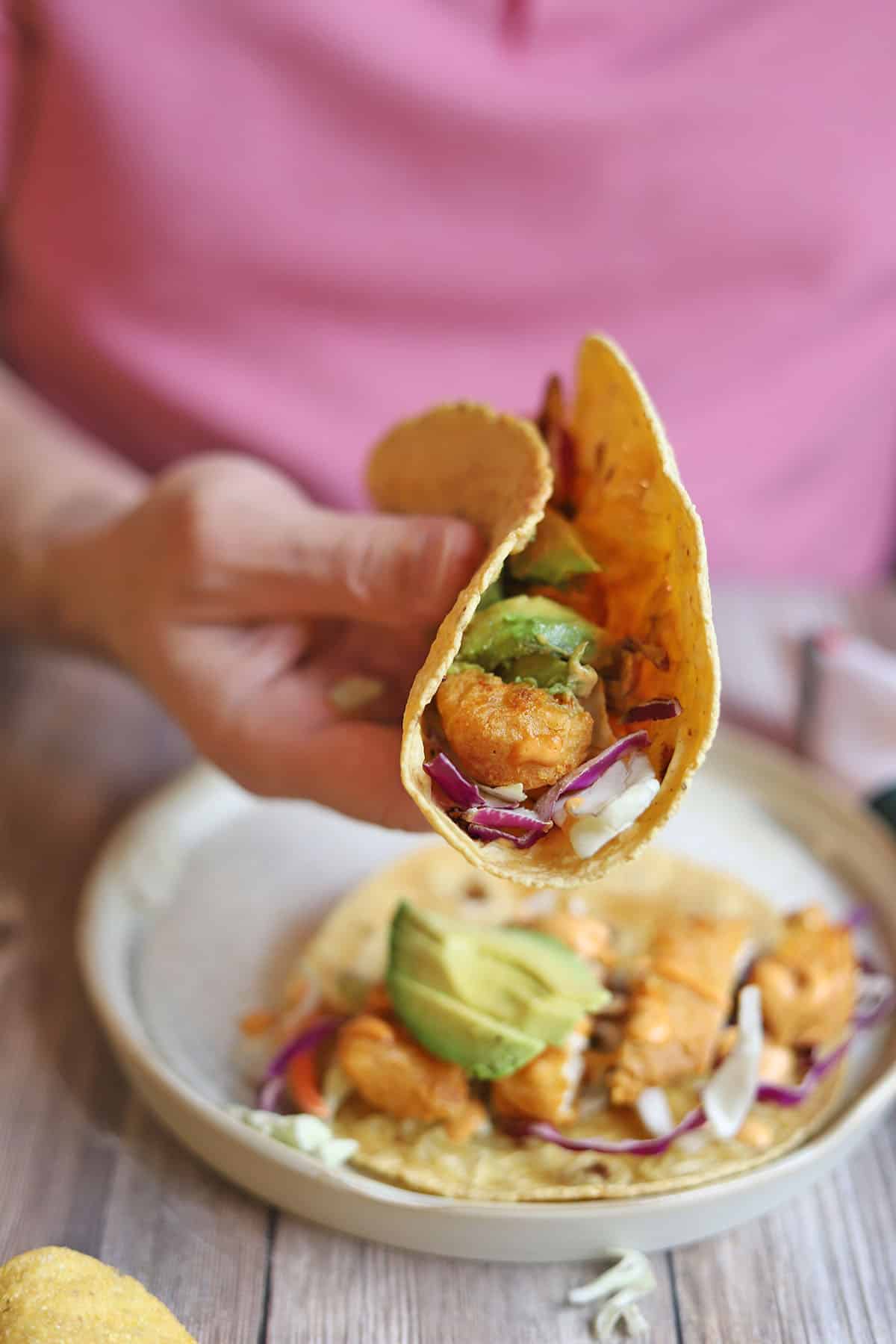 Hand holding vegan fish taco.