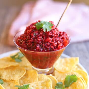 Cranberry salsa in bowl surrounded by tortilla chips.