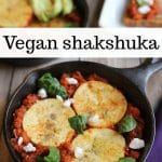 Text overlay: Vegan shakshuka. Eggy tofu in skillet with tomato sauce.