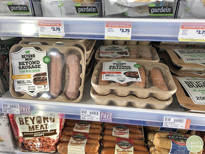 Beyond Meat sausages in the freezer at the grocery store.