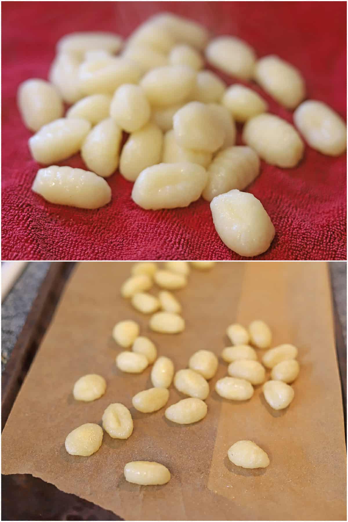 Collage with gnocchi drying on towel and gnocchi on a parchment paper covered baking sheet.