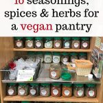 Text overlay: 10 seasonings, spices & herbs for a vegan pantry. Spice bulk bin at natural grocery store.