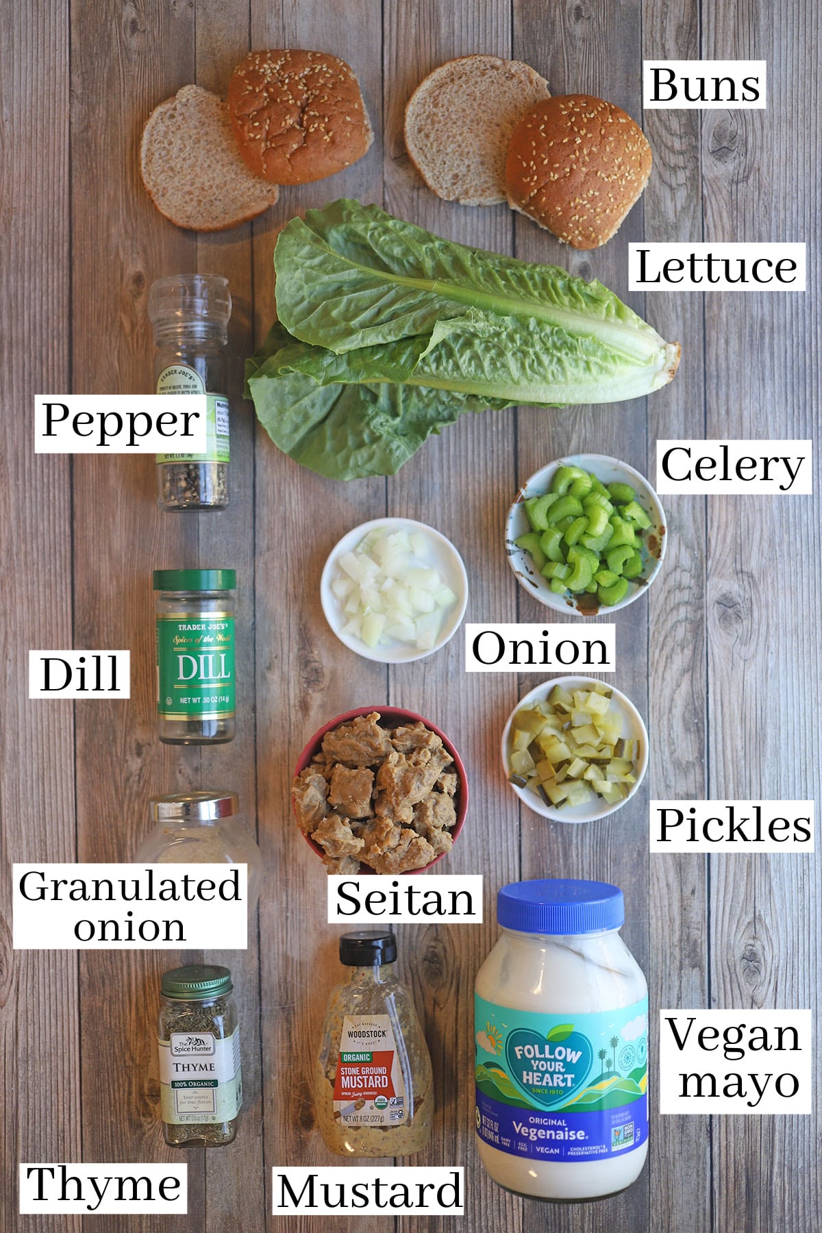Labeled ingredients for vegan chicken salad sandwiches.