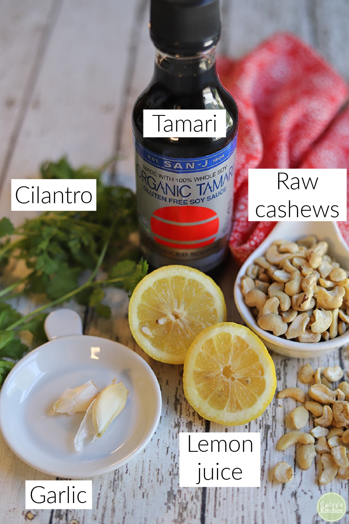 Labeled ingredients for creamy cashew dressing.