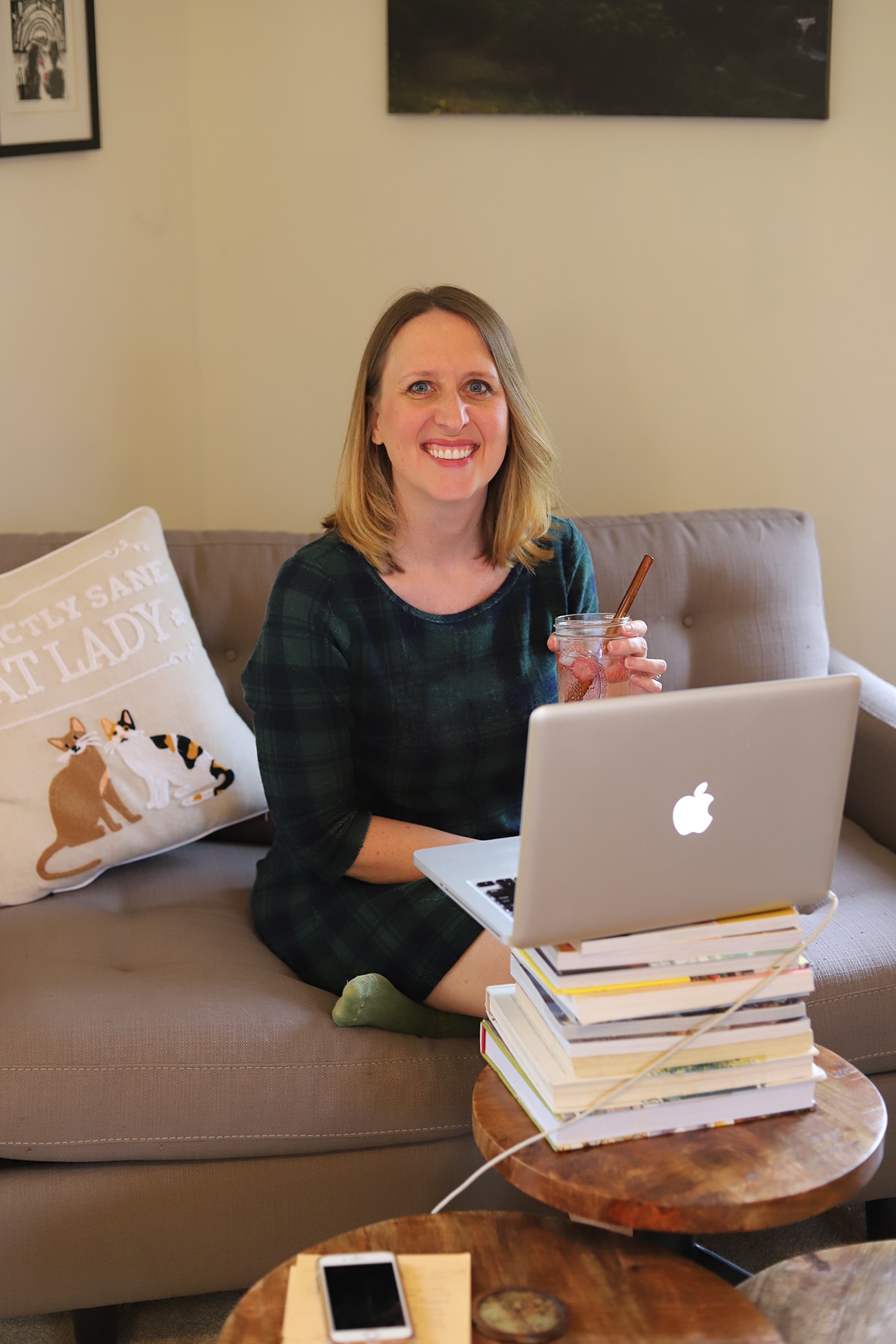 Cadry sitting on couch waiting to FaceTime.