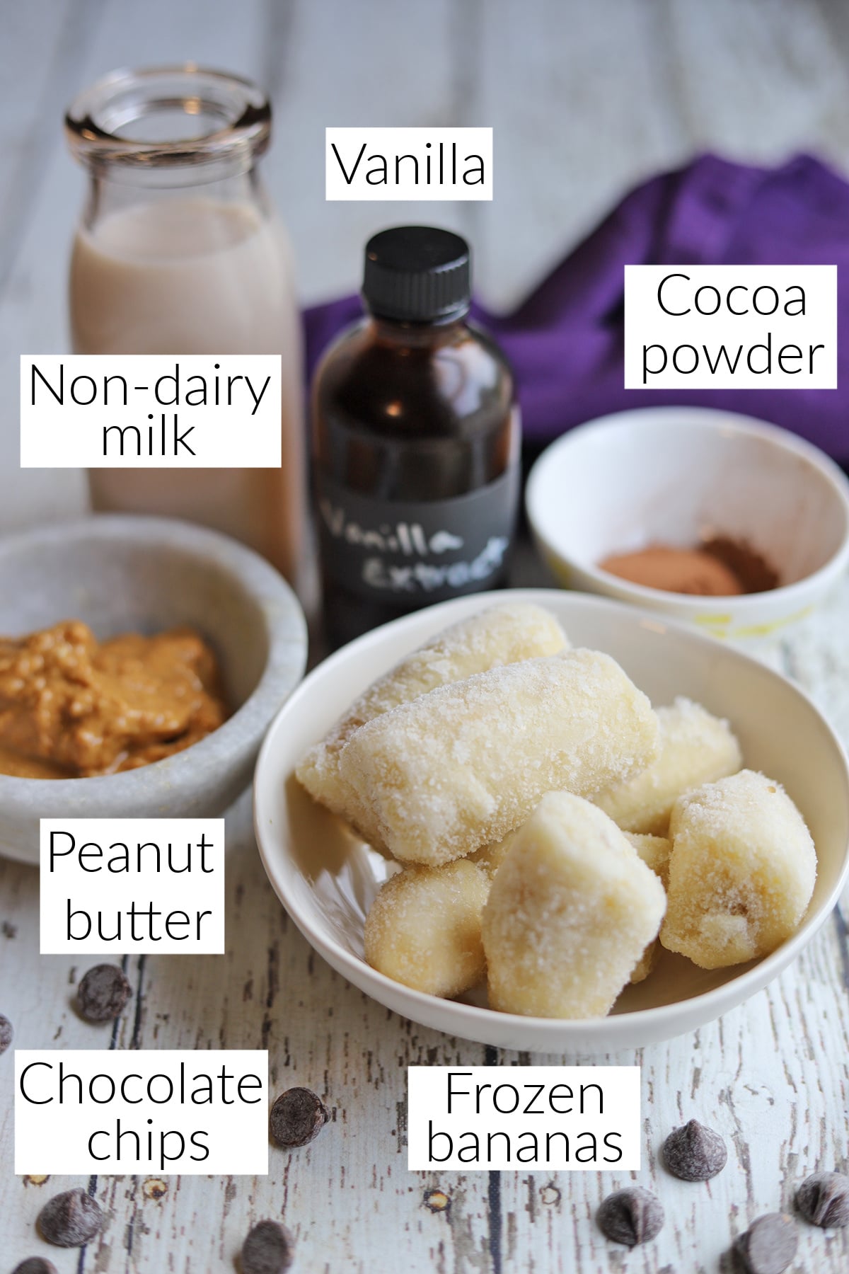 Labeled ingredients for chocolate peanut butter smoothie.