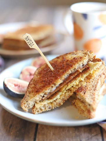 Toasted sandwich on plate with figs.