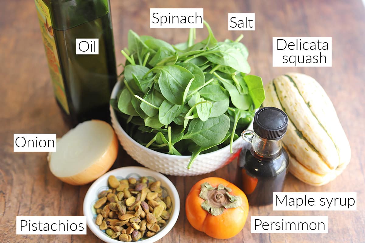 Labeled ingredients for delicata squash salad.