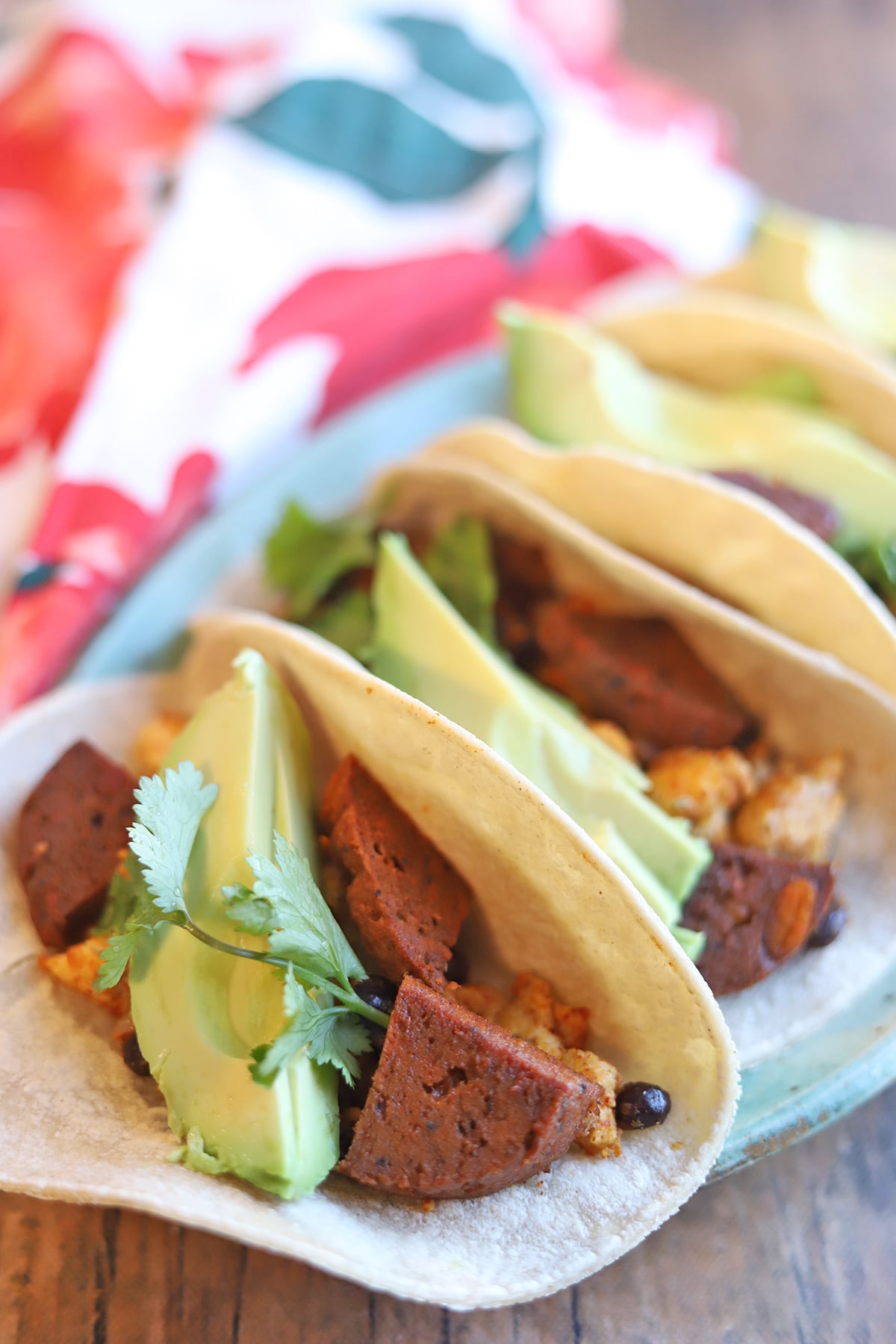Breakfast tacos with Portuguese sausage.