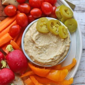 Jalapeno cashew cheese on vegetable tray.