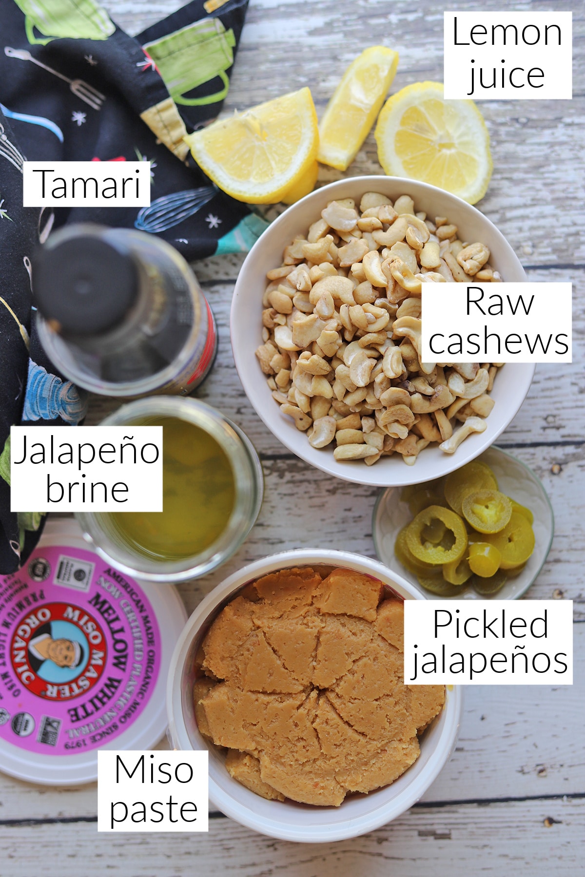 Labeled ingredients for jalapeno cashew cheese.