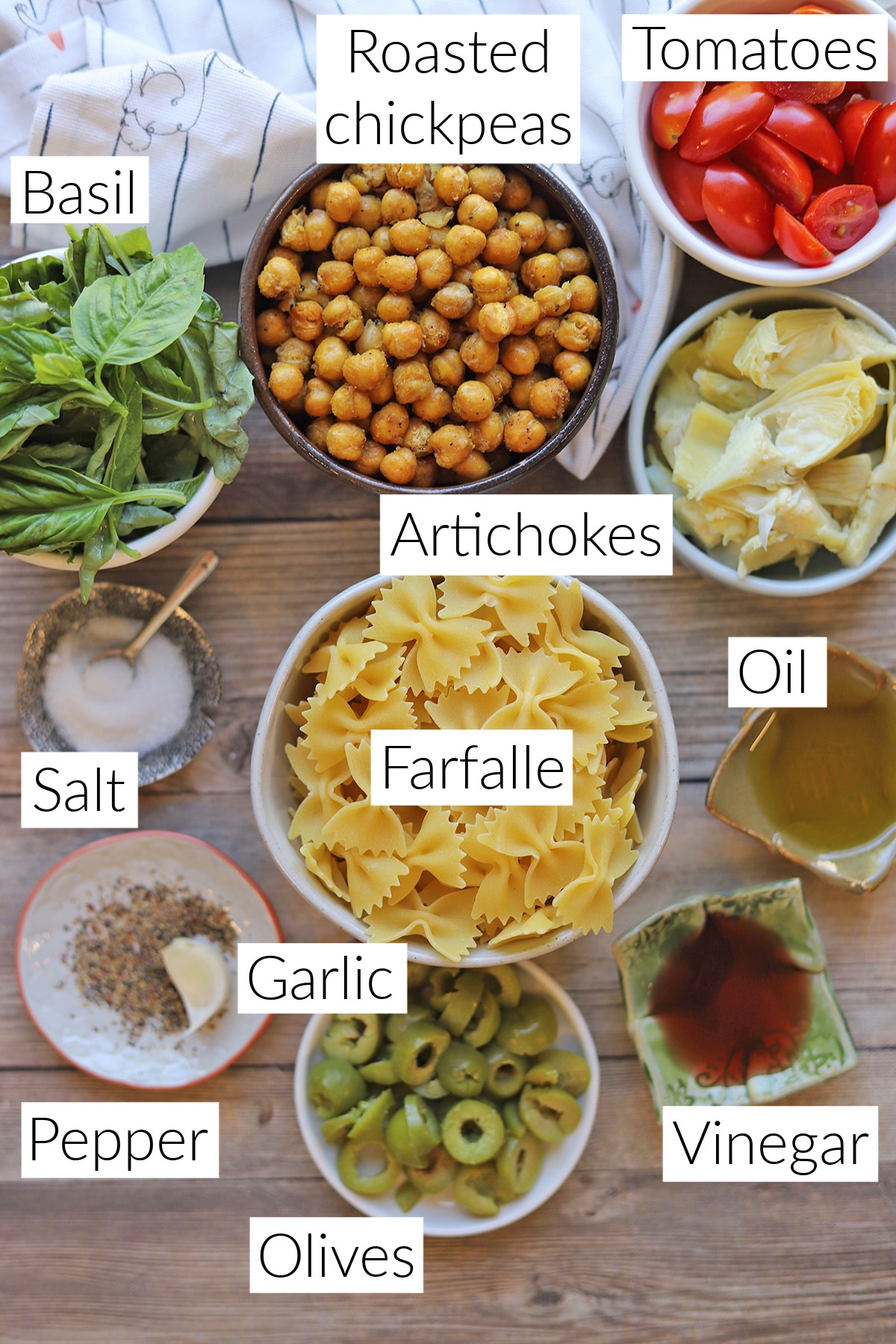 Labeled ingredients for bowtie pasta salad.