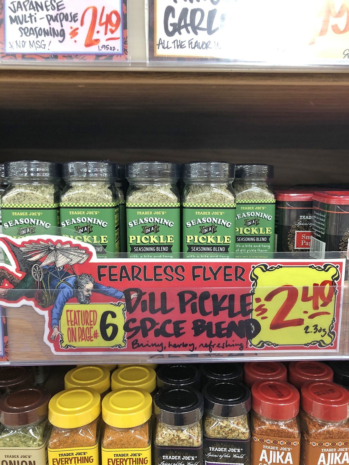 Dill pickle spice blend on shelves at Trader Joe's.