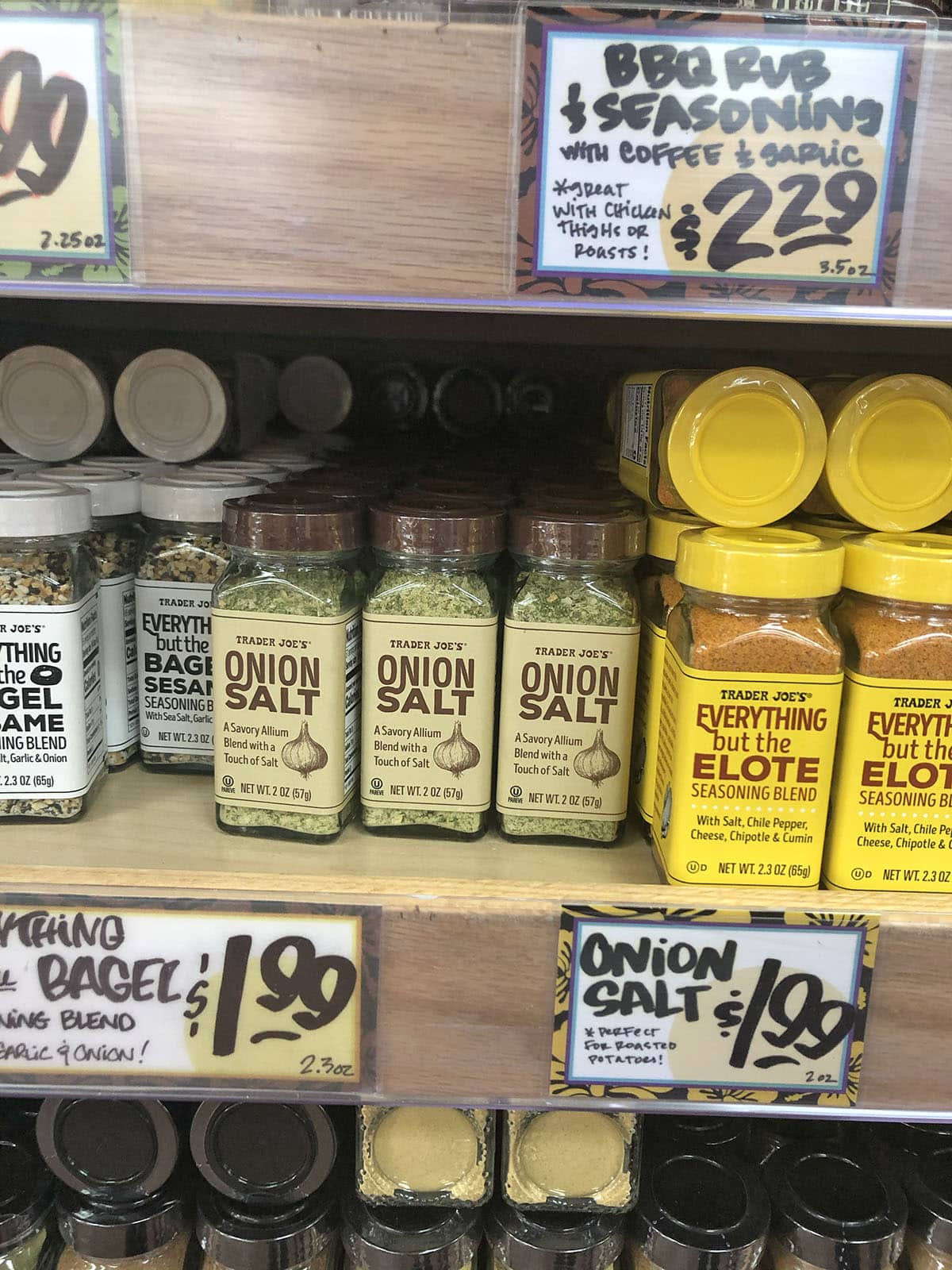 Onion salt on store shelf at Trader Joe's.