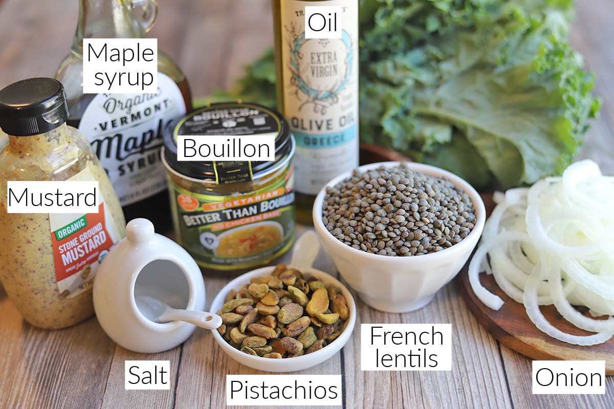 Labeled ingredients for French lentils with caramelized onions.