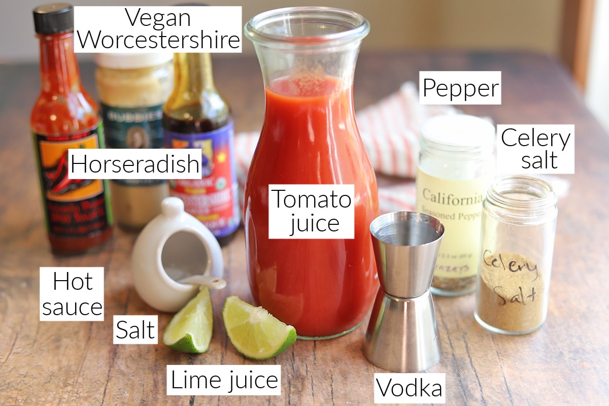 Labeled ingredients for vegan Bloody Mary cocktail.