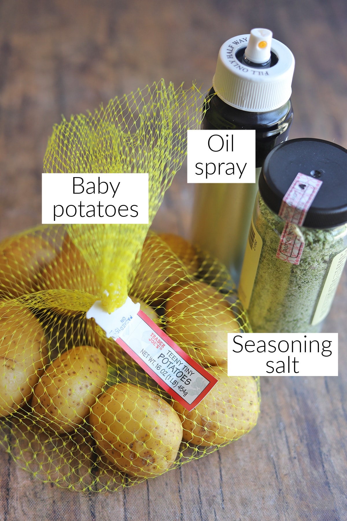 Labeled ingredients for air fryer baby potatoes.