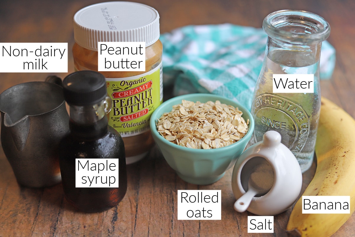 Labeled ingredients for peanut butter banana oatmeal.