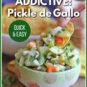 Text overlay: Briny, crunchy, addictive: Pickle de gallo. Quick & easy. Get the recipe at cadryskitchen.com. Tortilla chip being dunked into pickle salsa.