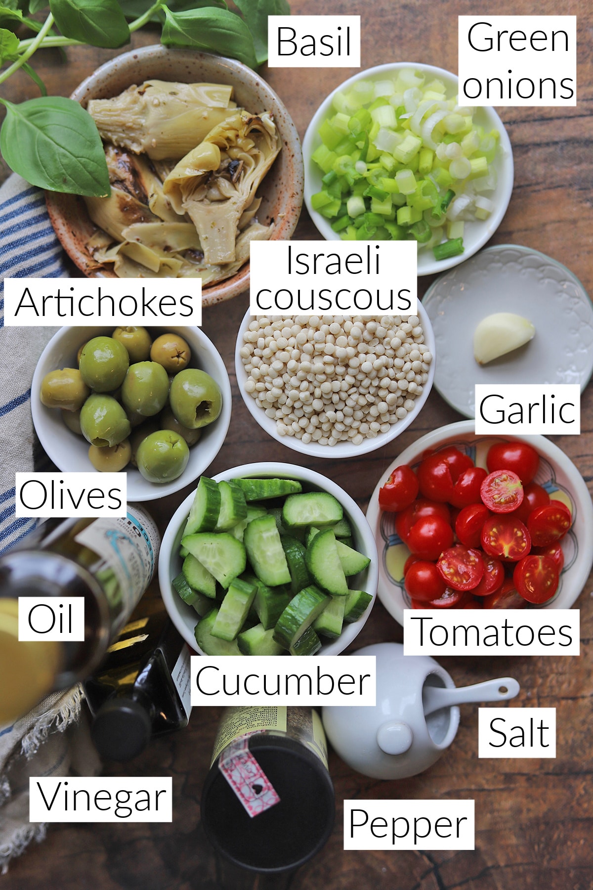 Labeled ingredients for Israeli couscous salad.