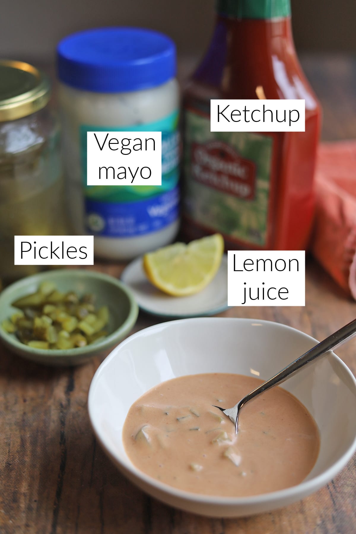 Labeled ingredients for vegan Thousand Island dressing.
