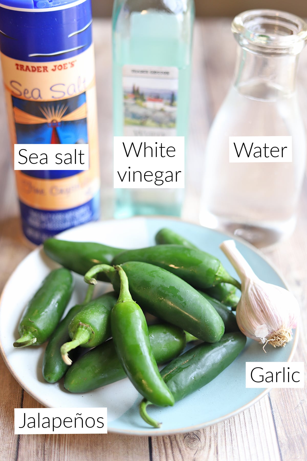 Labeled ingredients for quick pickled jalapenos.