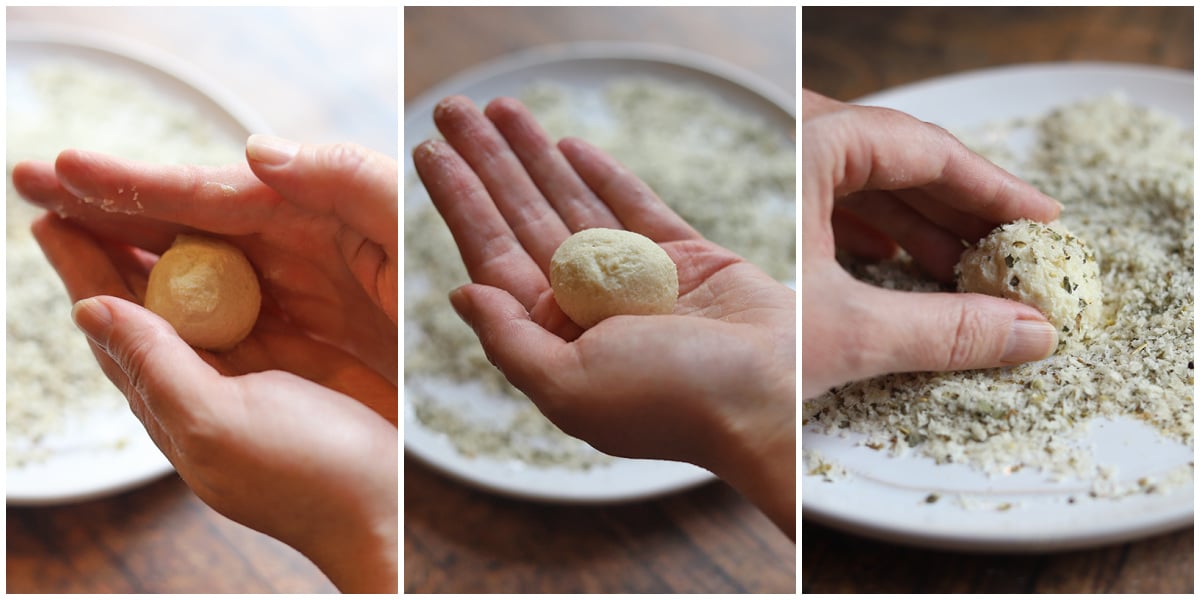 Process shots for rolling & breading almond cheese.