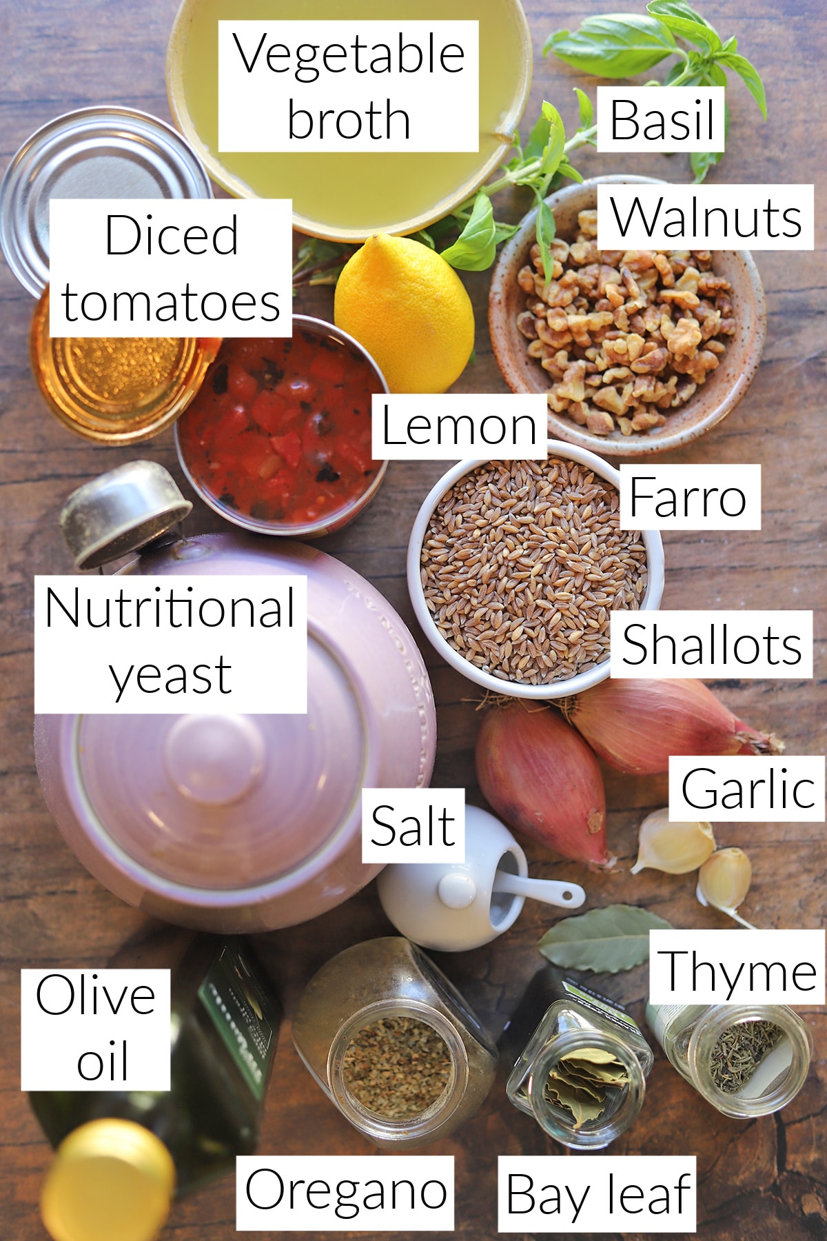 Labeled ingredients for baked farro recipe.