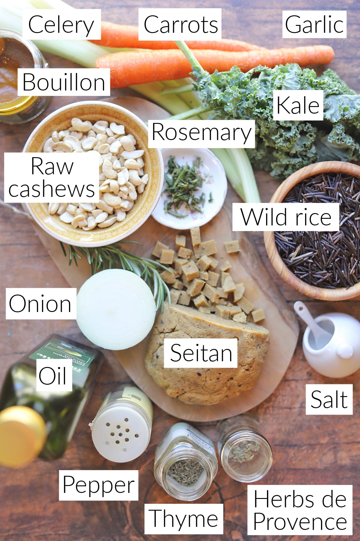 Labeled ingredients for vegan wild rice soup.
