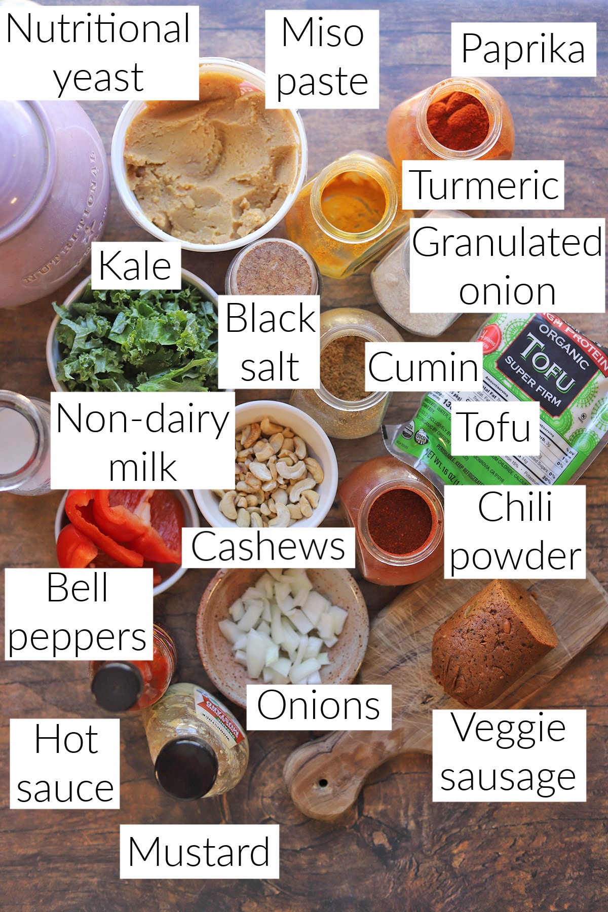 Labeled ingredients for vegan frittata.