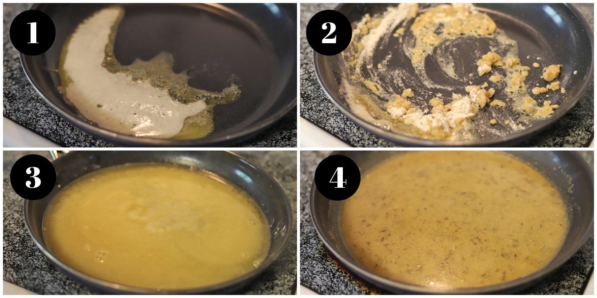 Collage with steps of how to make easy vegan gravy.