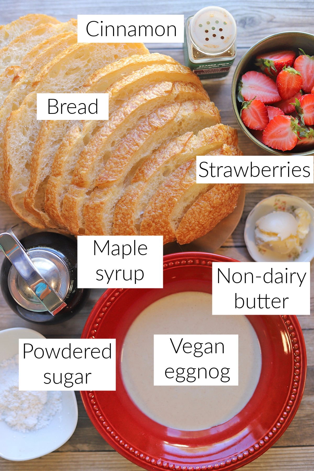 Labeled vegan French toast ingredients.