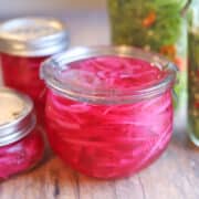 Easy pickled red onions in glass jars.