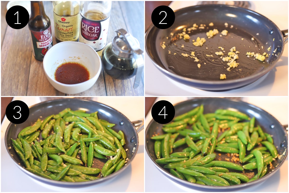 Collage of how to make stir fry: mix seasoning, saute garlic and ginger, add sugar snap peas, add liquid seasoning mix.